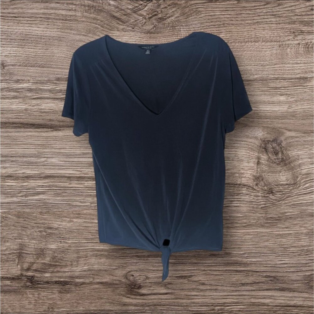 Lucky Brand Womens Dark Charcoal Solid Black V Neck Tie Front Tee Shirt Blouse